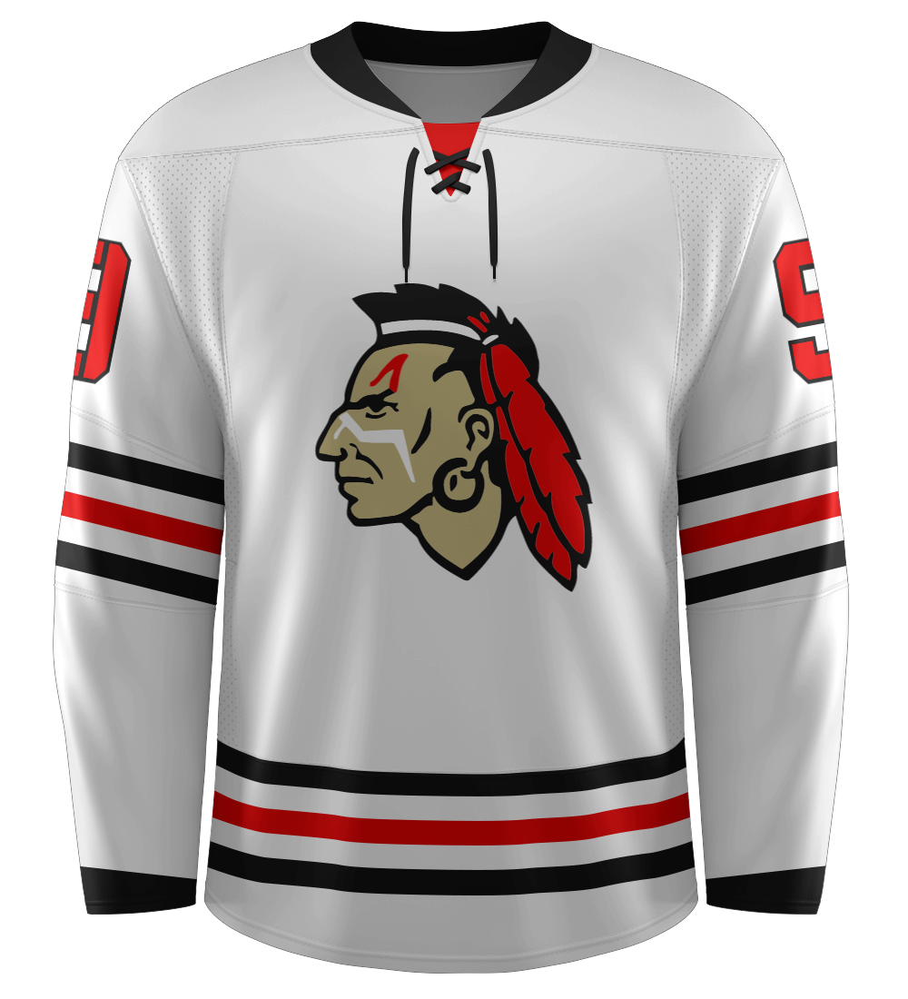 Custom Hockey Jerseys with a Blackhawk Logo and Shoulder Patches – Tally Hockey  Jerseys